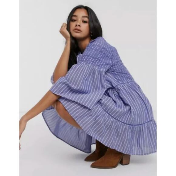 Free People NWT Lola Embroidered Tiered Mini Dress Chambray Blue Babydoll XS - Picture 3 of 12